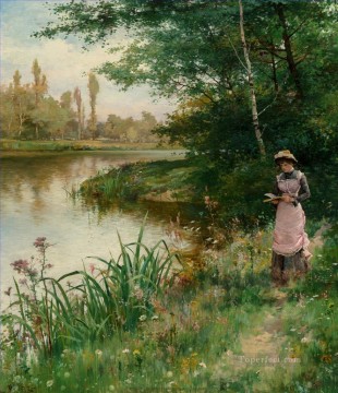 three women at the table by the lamp Painting - A Walk by the River Alfred Glendening JR landscape